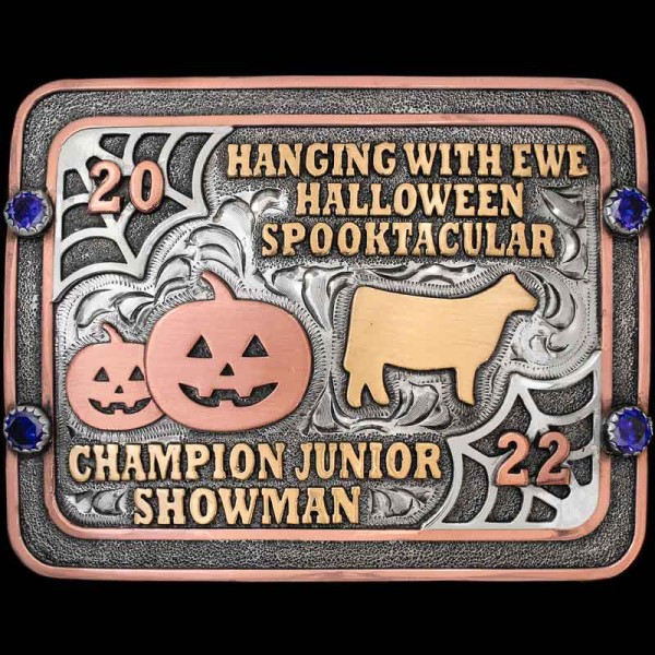 "Spooktacular event coming up in October? The Sleepy Hollow Buckle is the perfect Buckle design for your winners. This Buckle is crafted on a matted, German Silver base with a light antique finish. The Copper details such as the edge, jack-o-lanterns